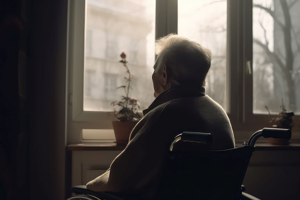 Wesensveränderung im Alter: Seniorin sitzt im Rollstuhl und blickt aus dem Fenster