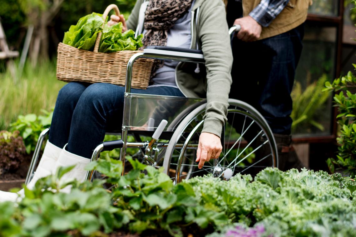 Mann schiebt Rollstuhlfahrerin durch barrierefreien Garten