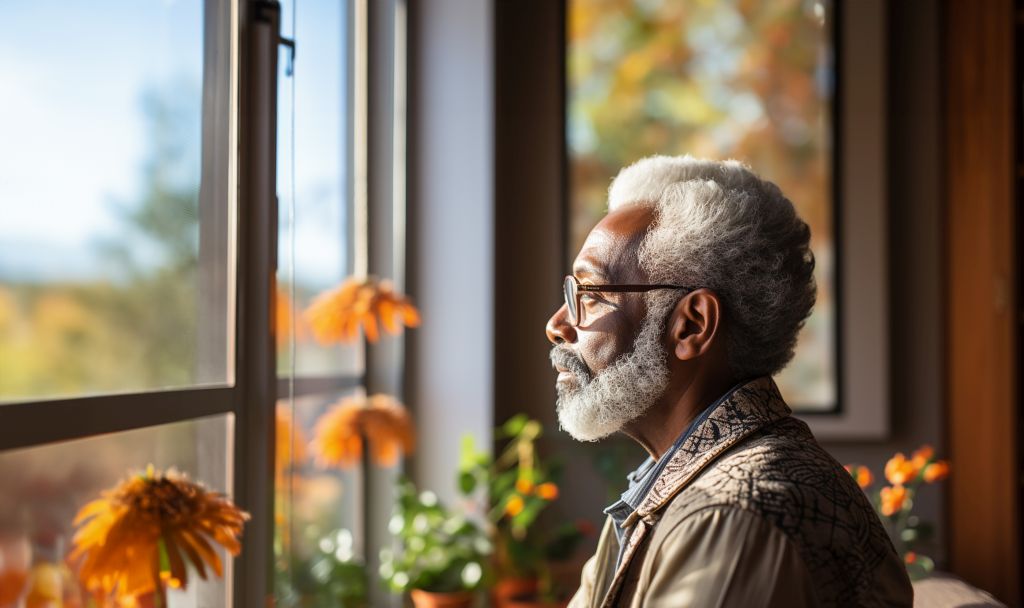 Freundschaften im Alter: Ein älterer Mann ist alleine und schaut nachdenklich aus dem Fenster