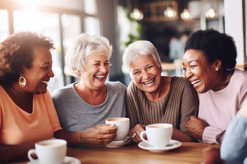 Freundschaften im Alter: Befreundete Seniorinnen sitzen bei einer Tasse Kaffee gemeinsam am Tisch und lachen