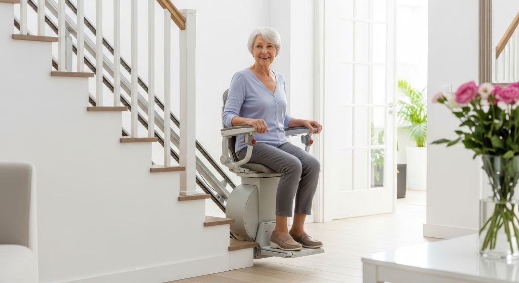 Eine ältere Frau sitzt auf einem Treppenlift, der sich am unteren Ende einer Treppe befindet
