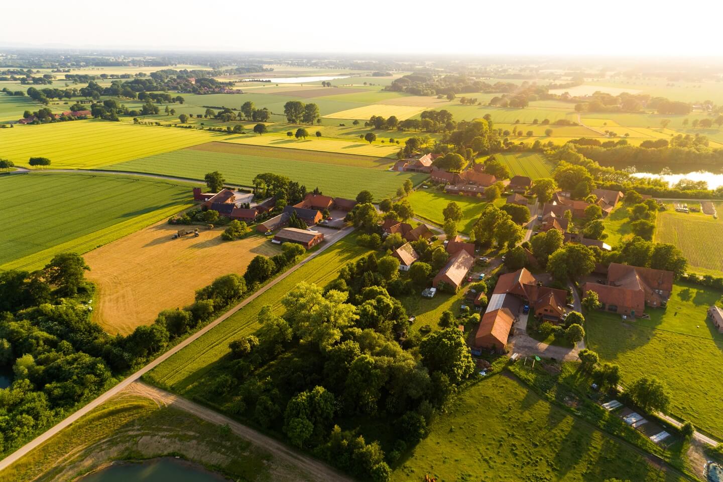 Luftaufnahme eines kleinen Dorfes umgeben von Wiesen und Feldern