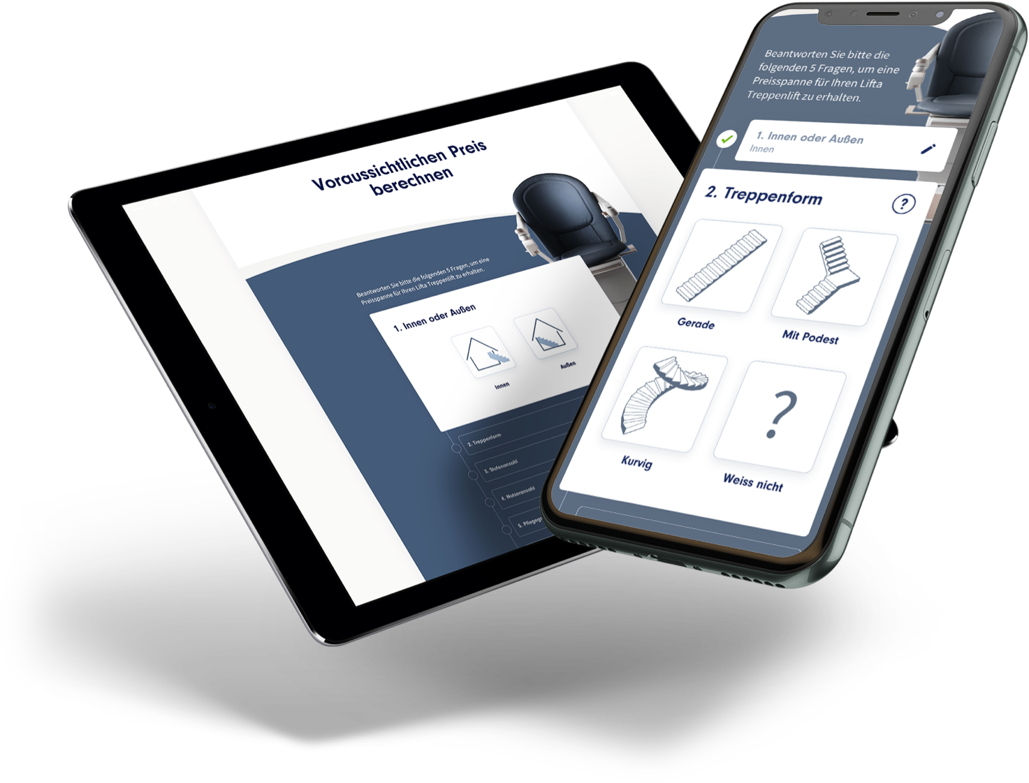 Treppenlift Preisrechner veranschaulicht auf Handy und Tablet