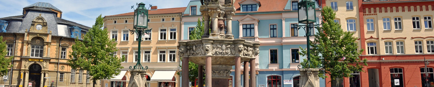 Brunnen am Meininger Marktplatz mit Reihenhäusern im Hintergrund