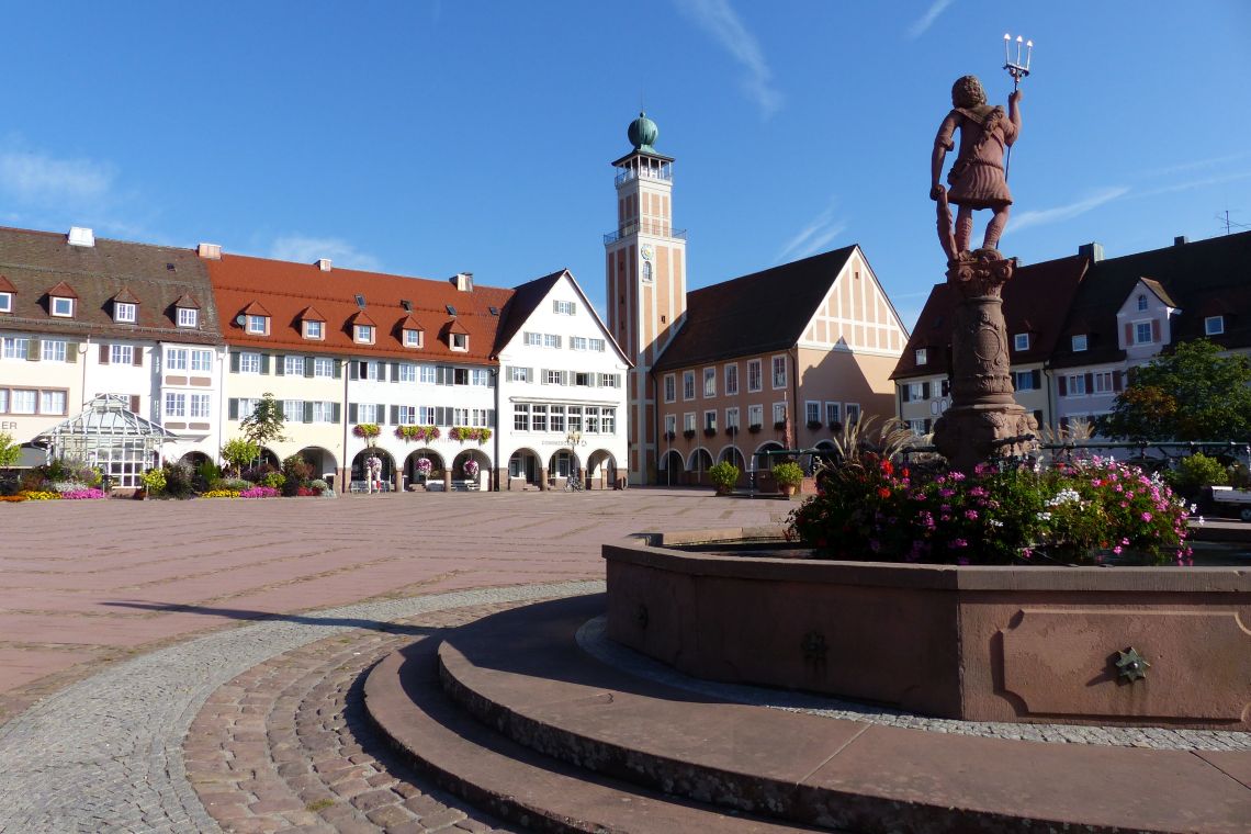 Häuser und Brunnen auf dem Marktplatz in Freudenstadt